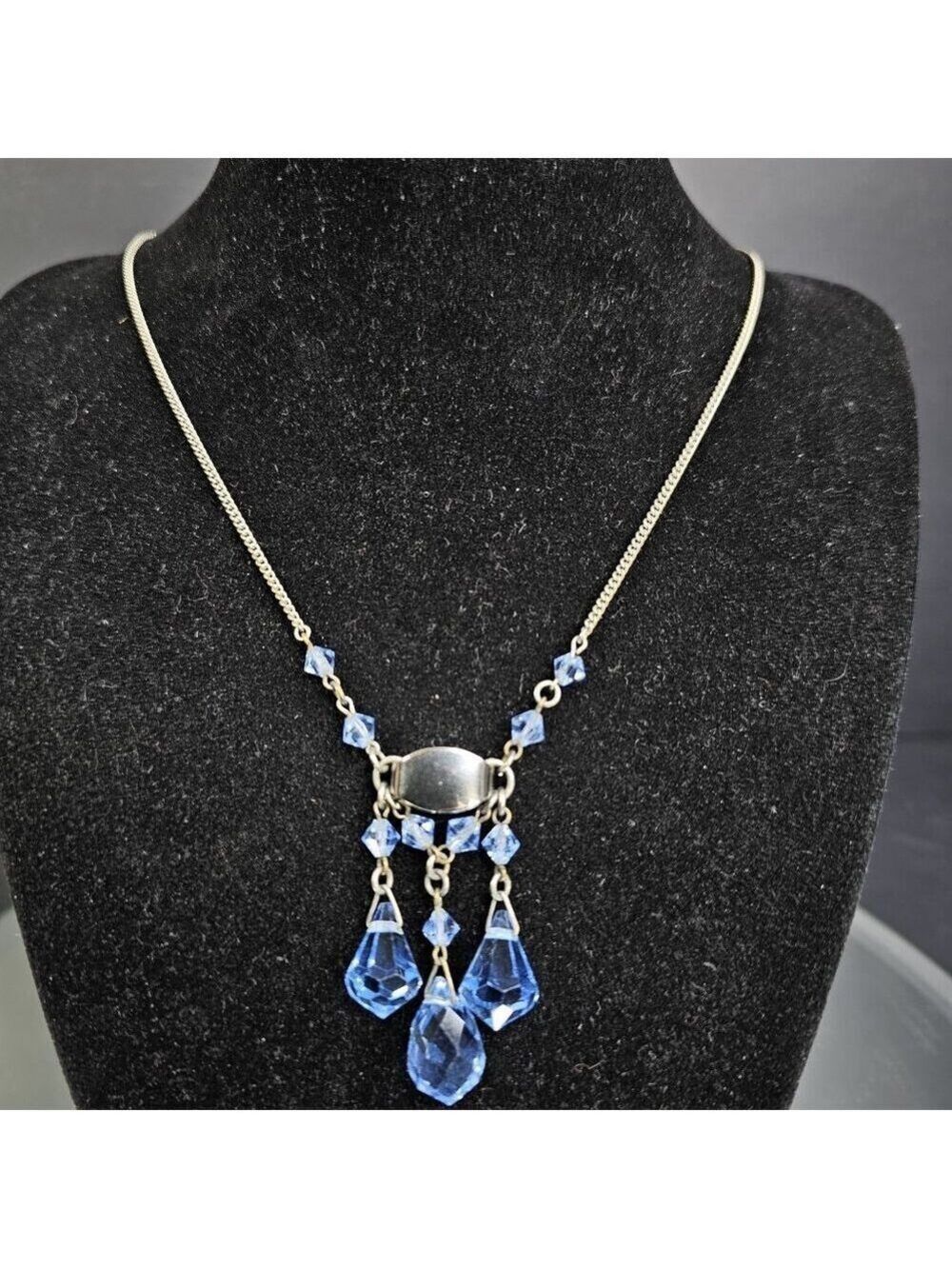 Vintage Blue Glass Crystal Drop Necklace 16 Inches With Chain